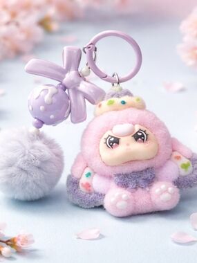 Source Unknown Pink & Lavender Plush Character Keychain with Pom Pom